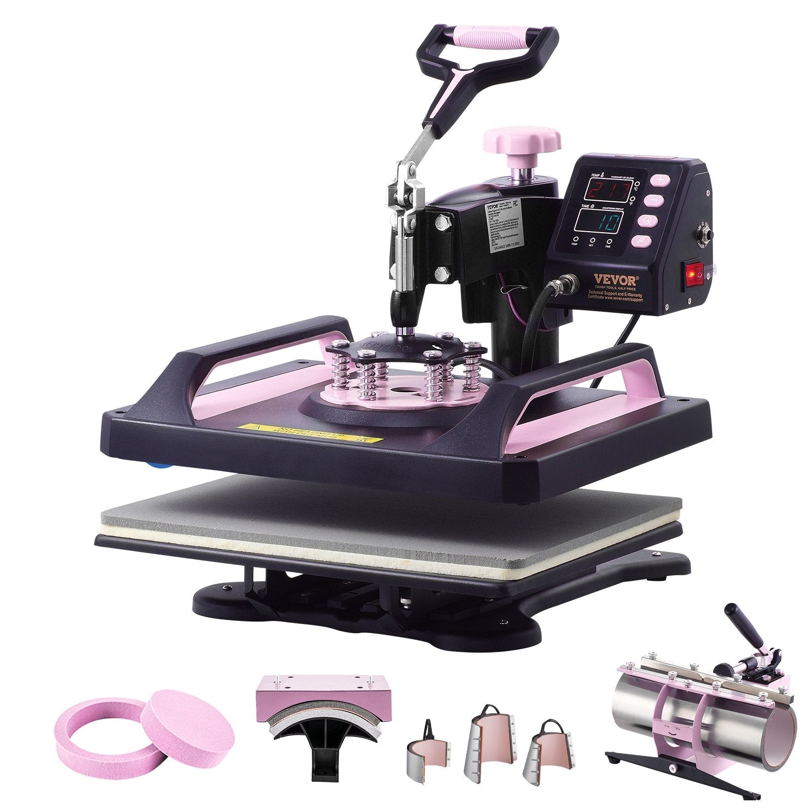 VEVOR 8 in 1 Heat Press Machine 12x15 in 30oz Tumbler Press T-Shirts Black+Pink 