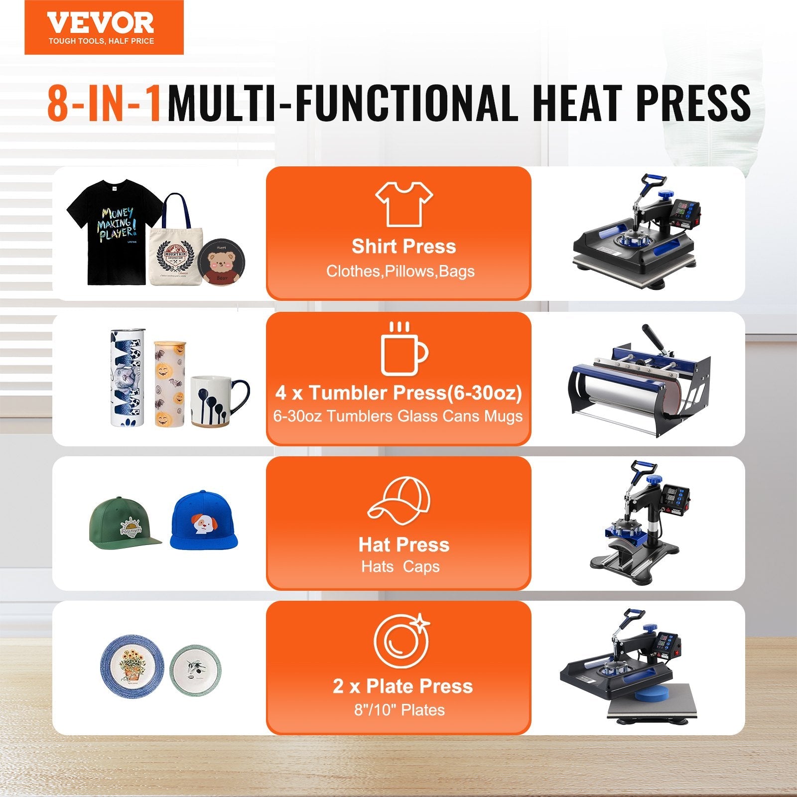 VEVOR 8 in 1 Heat Press Machine 15x15 in 30oz Tumbler Press T-Shirts Black+Blue 