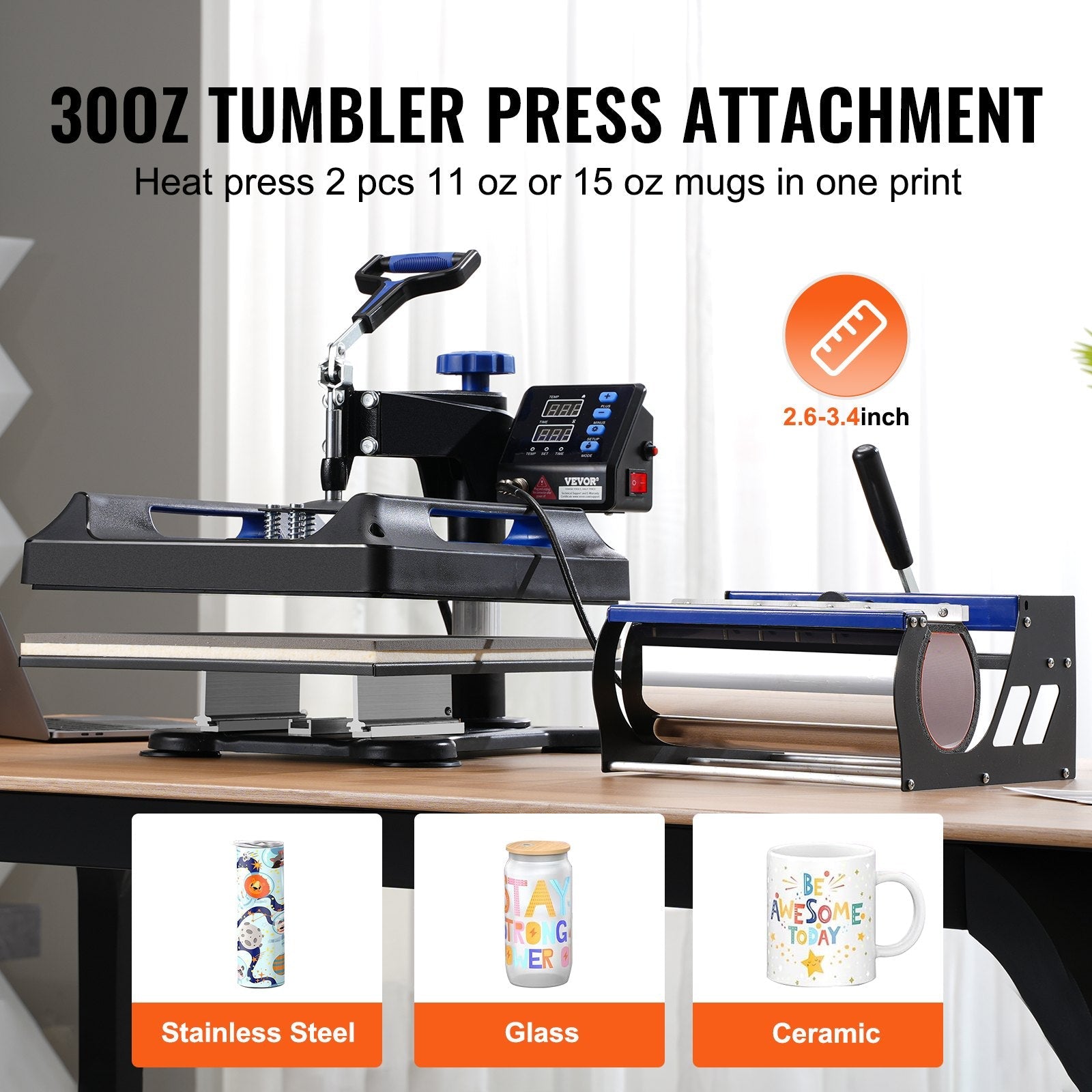 VEVOR 8 in 1 Heat Press Machine 15x15 in 30oz Tumbler Press T-Shirts Black+Blue 