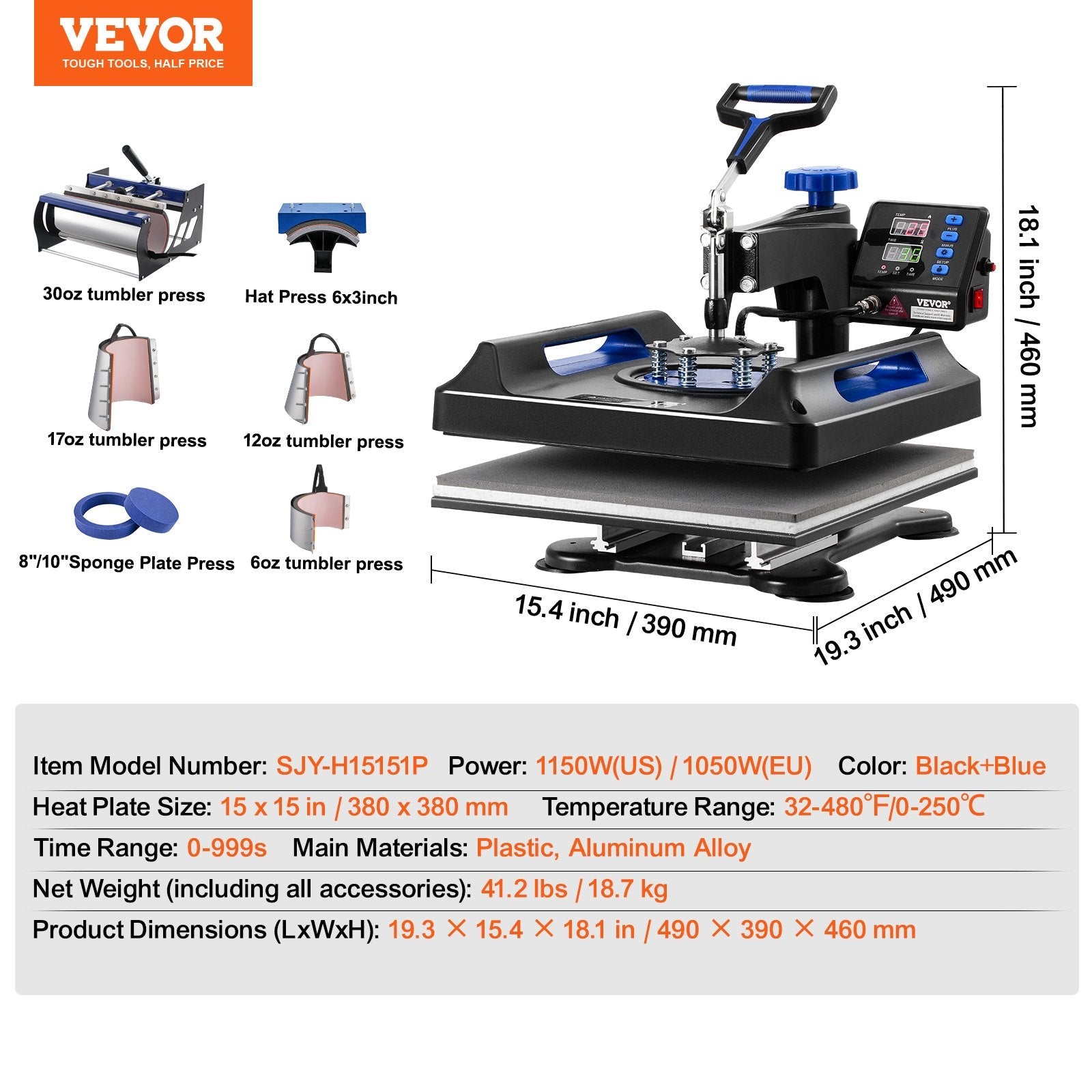 VEVOR 8 in 1 Heat Press Machine 15x15 in 30oz Tumbler Press T-Shirts Black+Blue 
