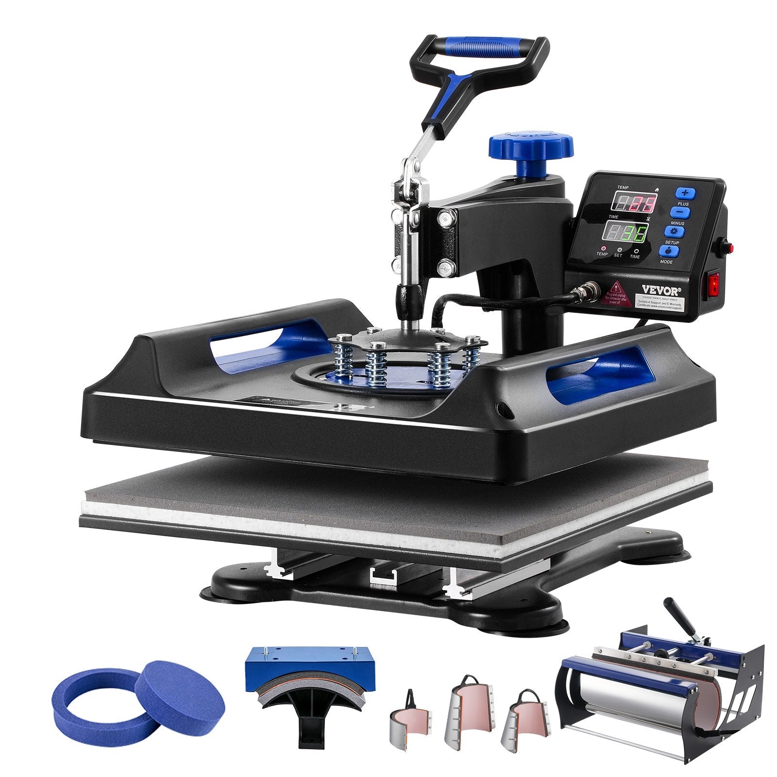 VEVOR 8 in 1 Heat Press Machine 15x15 in 30oz Tumbler Press T-Shirts Black+Blue 