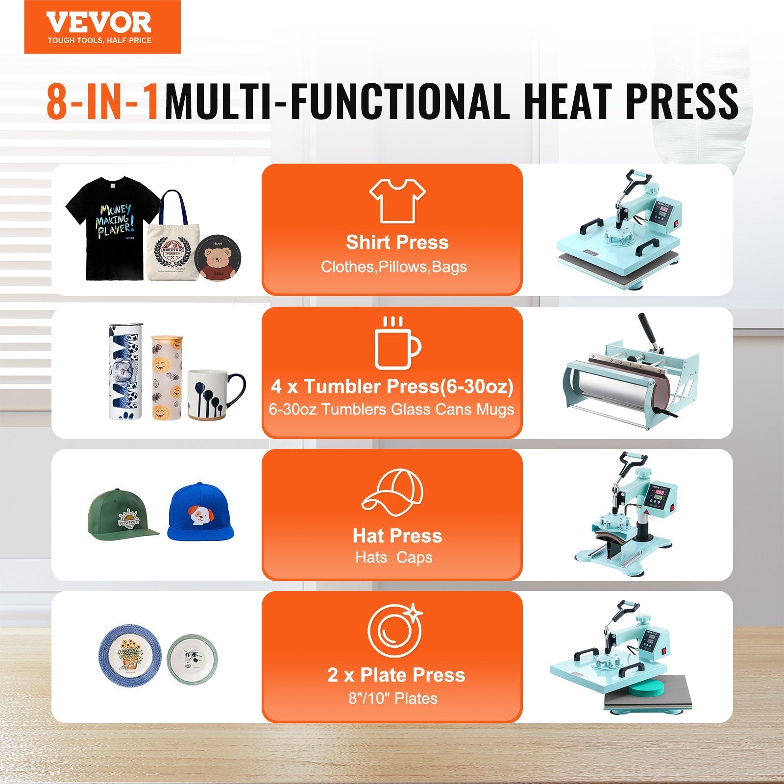 VEVOR Heat Press Machine 15x15 in 8 in 1 with 30oz Tumbler Press T-Shirts Green 