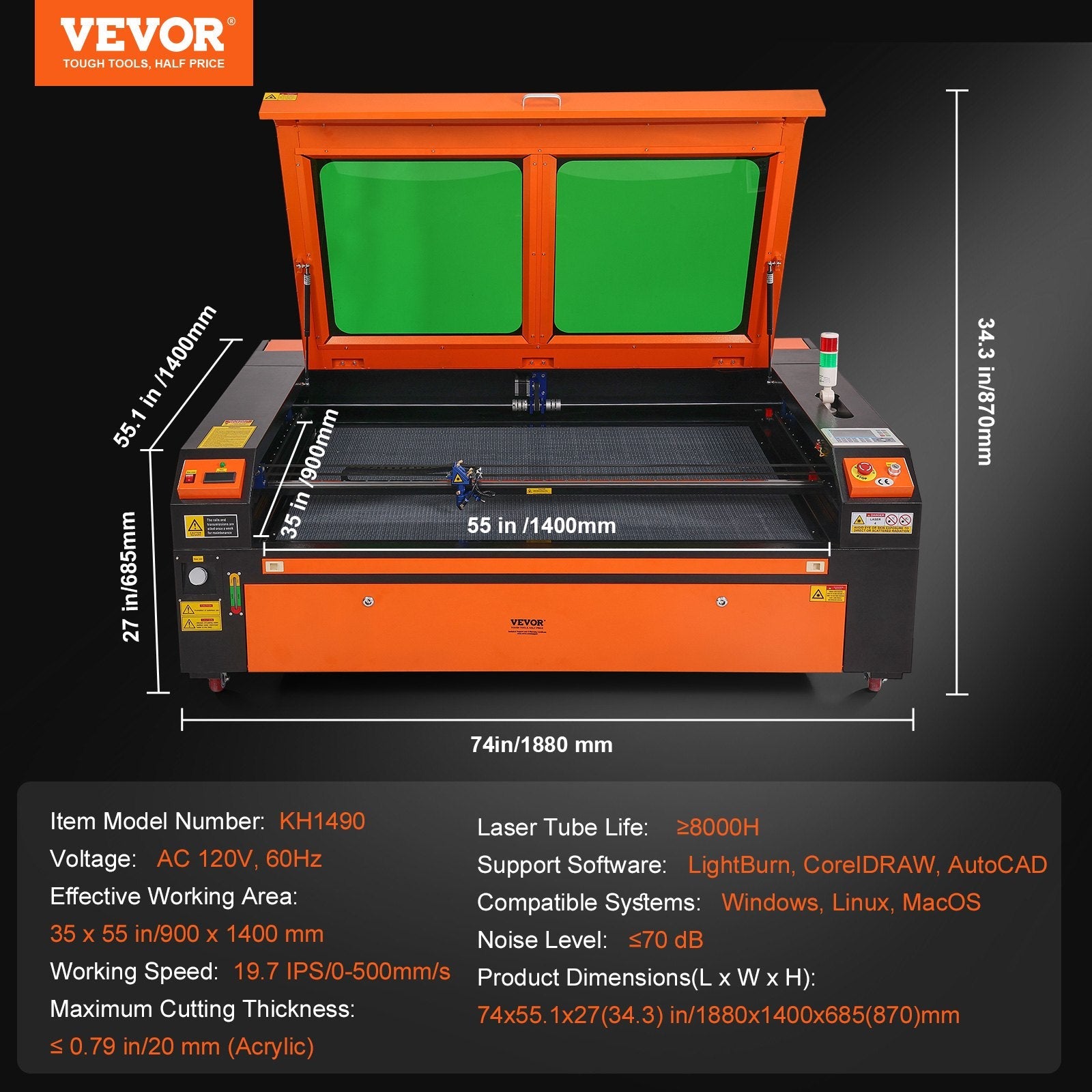 VEVOR 130W CO2 Laser Engraver and Cutter 35 x 55 in 19.7 IPS Engraving Machine 