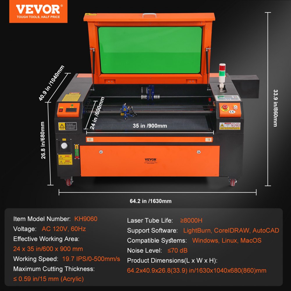 VEVOR 100W CO2 Laser Engraver, 24 x 35 in, 19.7 IPS Laser Cutter Machine with 2-Way Pass Air Assist, Compatible with LightBurn, CorelDRAW, AutoCAD, Windows, Mac OS, Linux, for Wood Acrylic Fabric More 