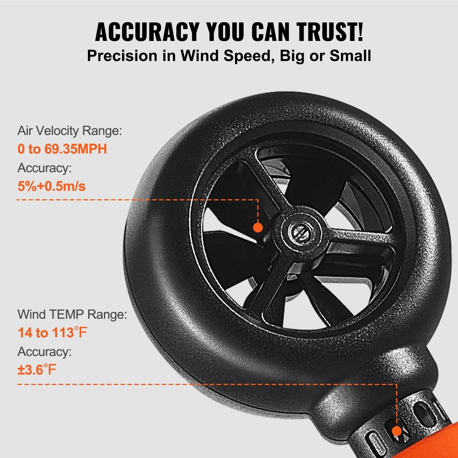 VEVOR Handheld Anemometer, 14?-113?, Digital Wind Speed Meter Gauge with LED Backlight Screen, Measures Wind Velocity Wind Temperature Air Flow Wind Chill, for Sailing Surfing Drone Flying HVAC 