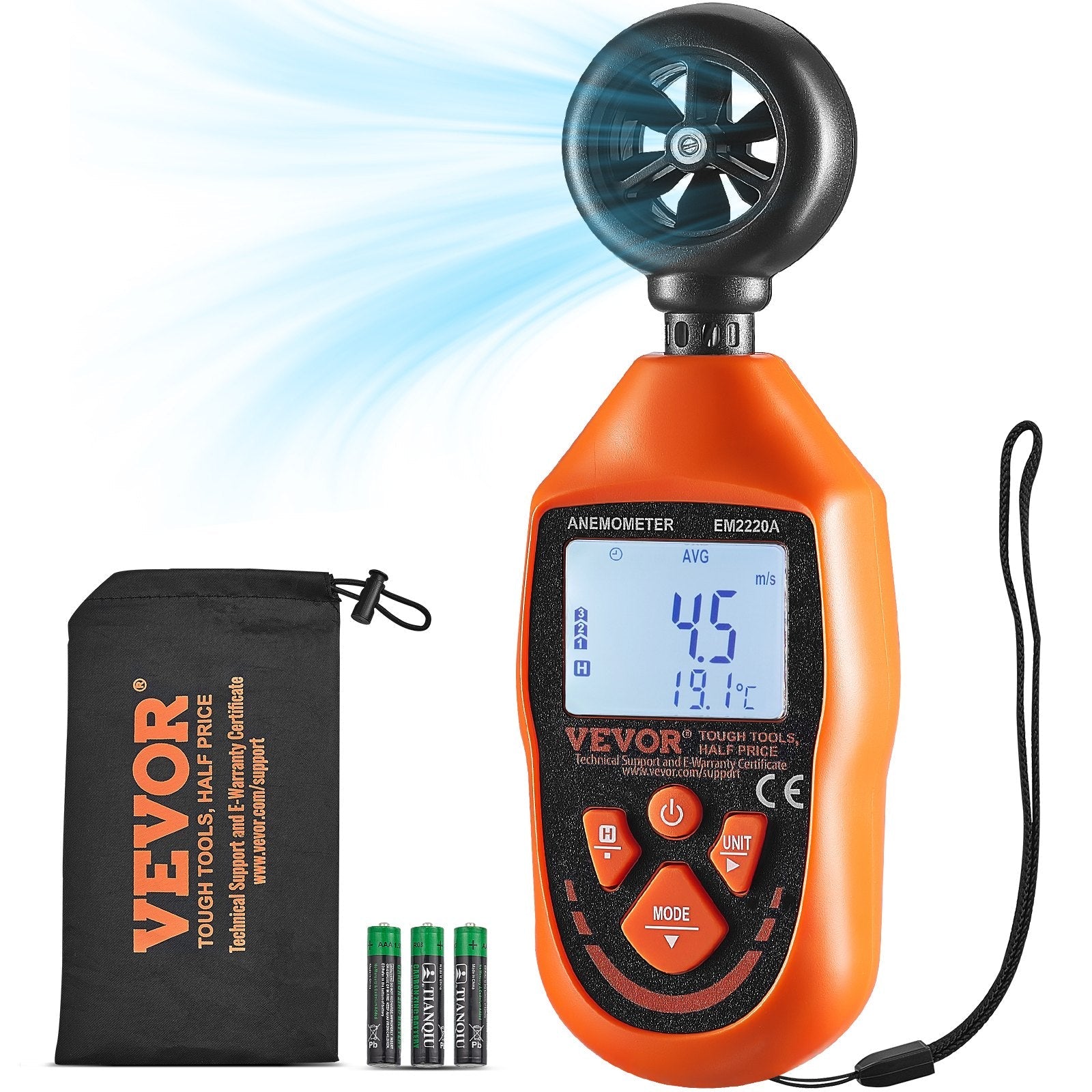 VEVOR Handheld Anemometer, 14?-113?, Digital Wind Speed Meter Gauge with LED Backlight Screen, Measures Wind Velocity Wind Temperature Air Flow Wind Chill, for Sailing Surfing Drone Flying HVAC 