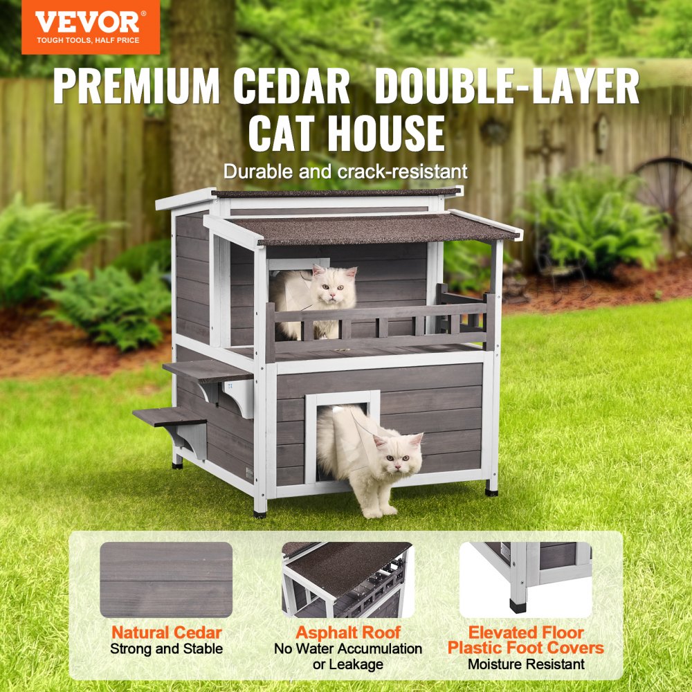 VEVOR Outdoor Cat House 2-story Wooden Feral Cat Shelter with  Balcony & Roof 