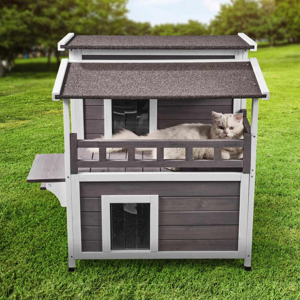 VEVOR Outdoor Cat House 2-story Wooden Feral Cat Shelter with  Balcony & Roof 