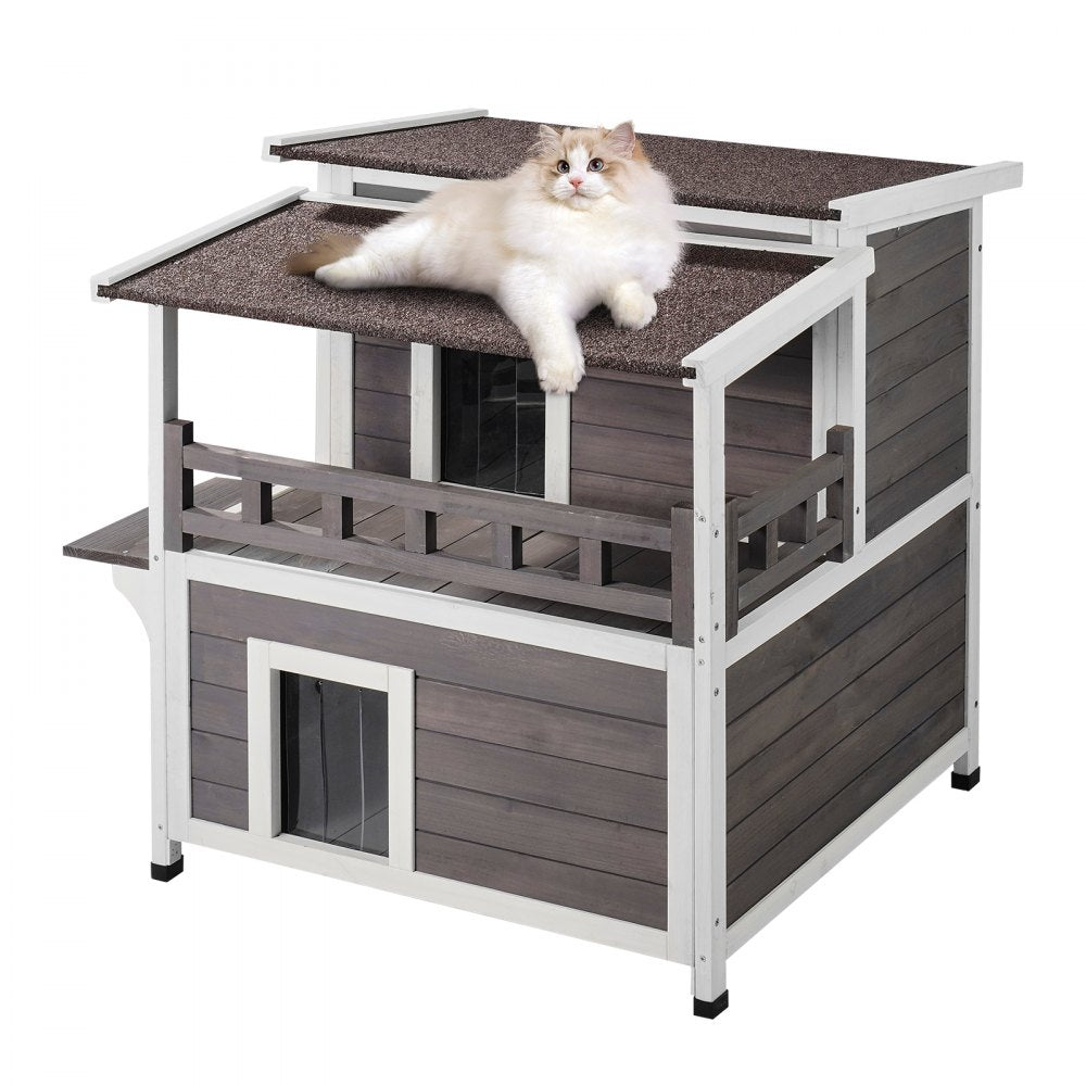 VEVOR Outdoor Cat House 2-story Wooden Feral Cat Shelter with  Balcony & Roof 