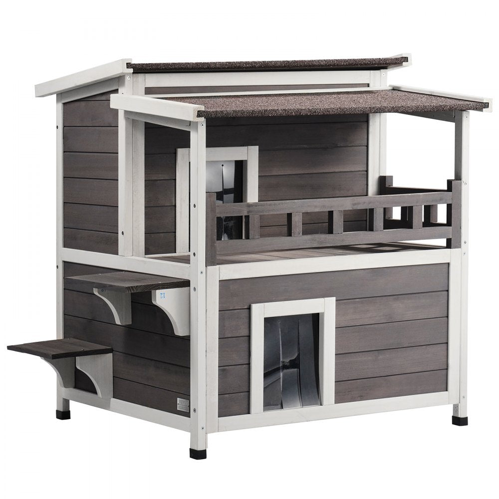 VEVOR Outdoor Cat House 2-story Wooden Feral Cat Shelter with  Balcony & Roof 