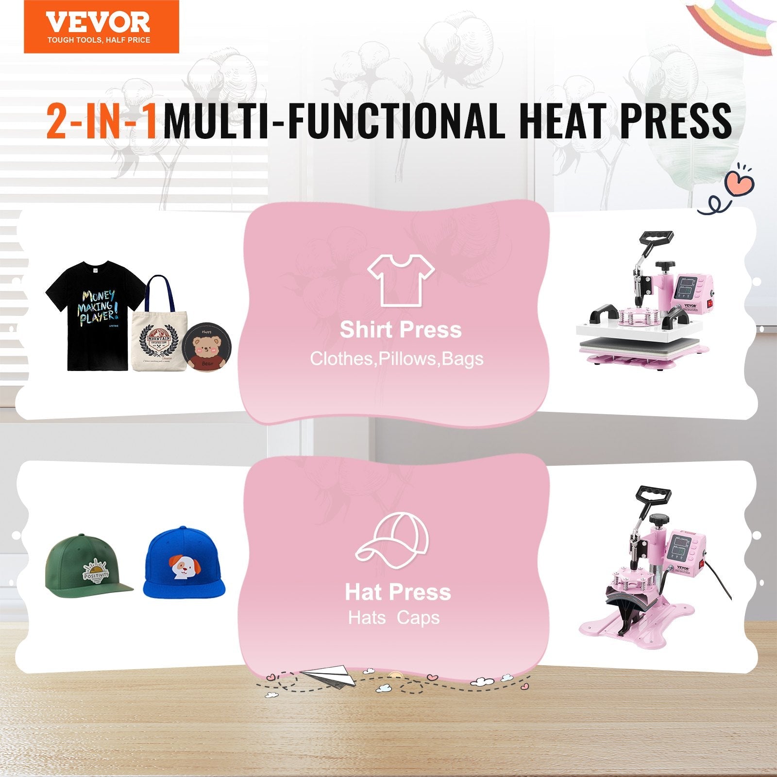 VEVOR Heat Press Machine 12x10 in 2 in 1 with Hat Press for T-Shirts Caps Pink 