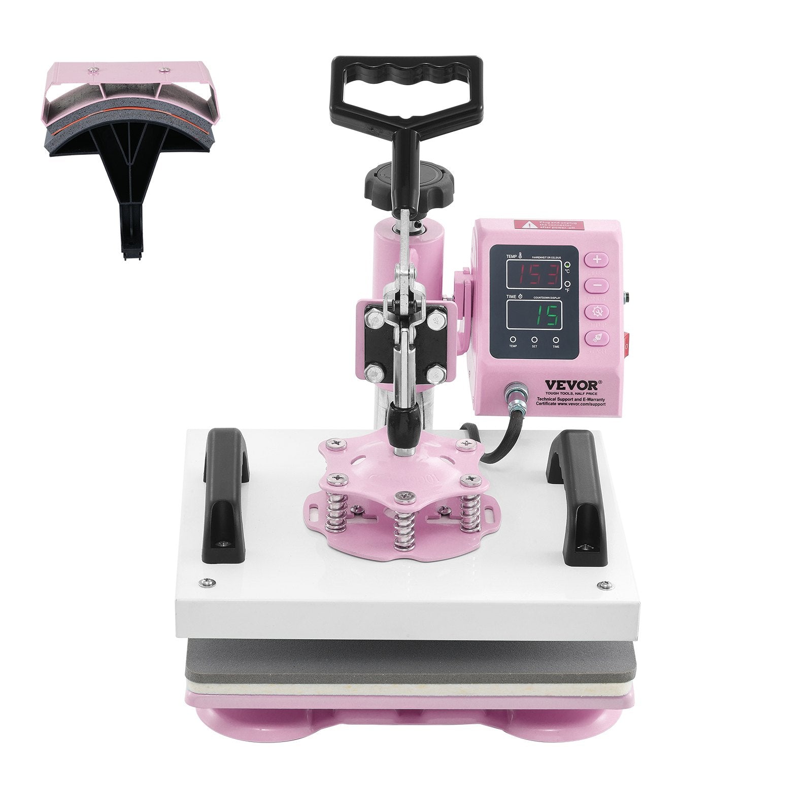 VEVOR Heat Press Machine 12x10 in 2 in 1 with Hat Press for T-Shirts Caps Pink 