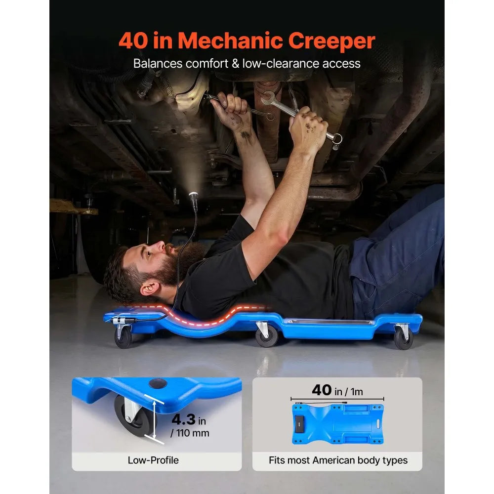 40" Mechanic Creeper with LED Work Light, Low Profile Rolling Garage Creeper, 350 lb Capacity, Padded Headrest & Tool Trays