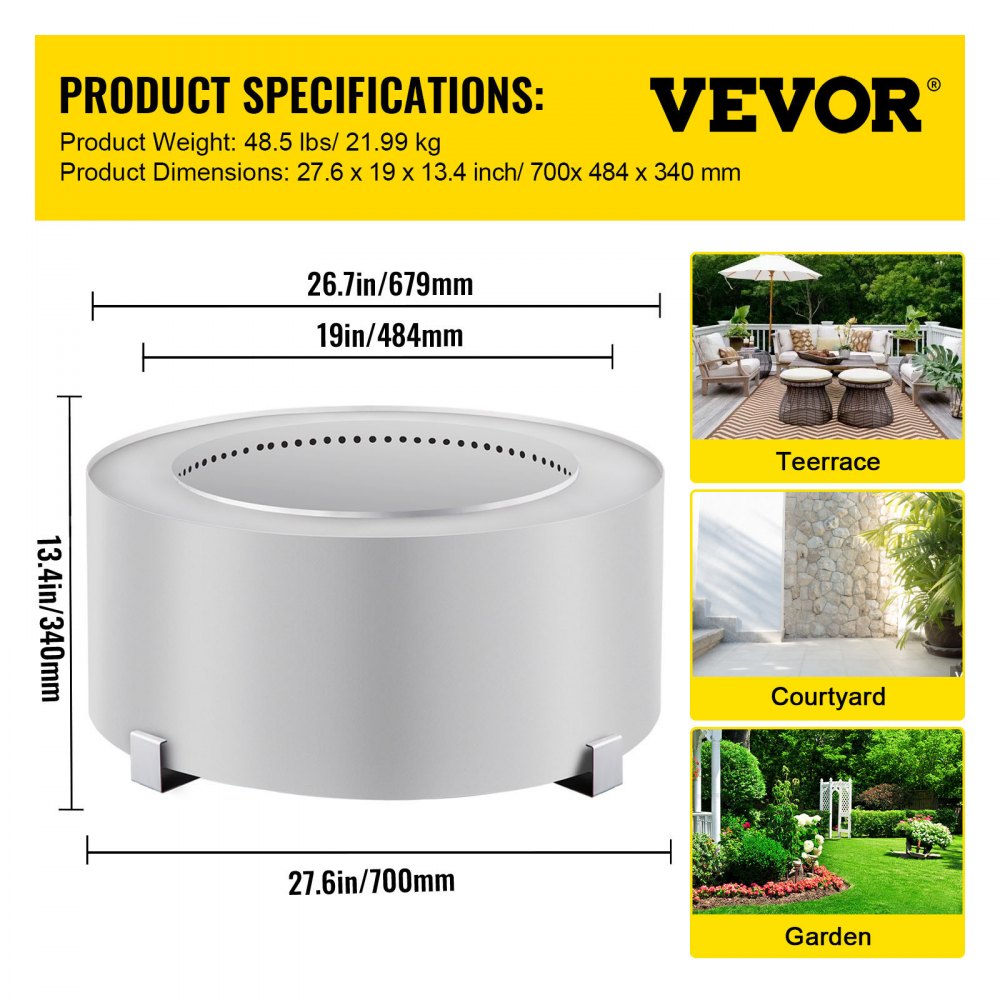 VEVOR Smokeless Fire Pit, Stainless Steel Stove Bonfire, Large 27.6 inch Diameter Wood Burning Fire Pit, Outdoor Stove Bonfire Fire Pit, Portable Smokeless Fire Bowl for Picnic Camping Backyard Silver 