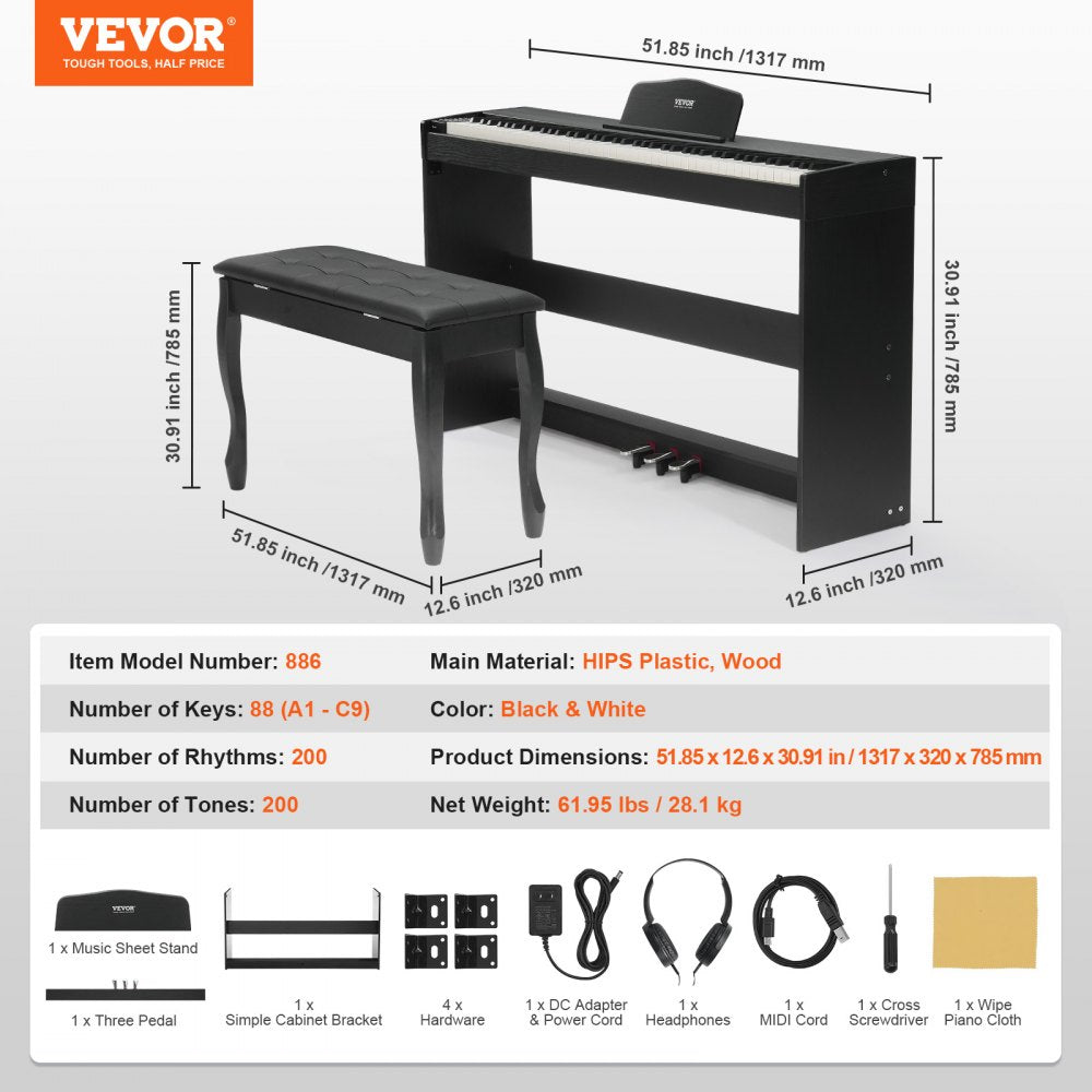 VEVOR 88 Key Fully Weighted Digital Piano Dual Keyboard Cabinet Bracket Bench 