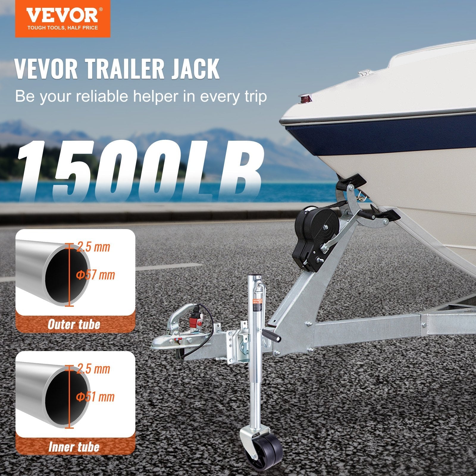 VEVOR Trailer Jack, Boat Trailer Jack 35.3 in, Bolt-on Trailer Tongue Jack Weight Capacity 1500 lb, with PP Wheels and Handle for lifting RV Trailer, Horse Trailer, Utility Trailer, Yacht Trailer 