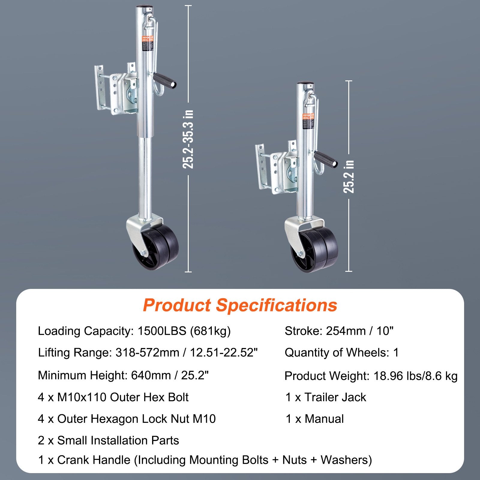 VEVOR Trailer Jack, Boat Trailer Jack 35.3 in, Bolt-on Trailer Tongue Jack Weight Capacity 1500 lb, with PP Wheels and Handle for lifting RV Trailer, Horse Trailer, Utility Trailer, Yacht Trailer 