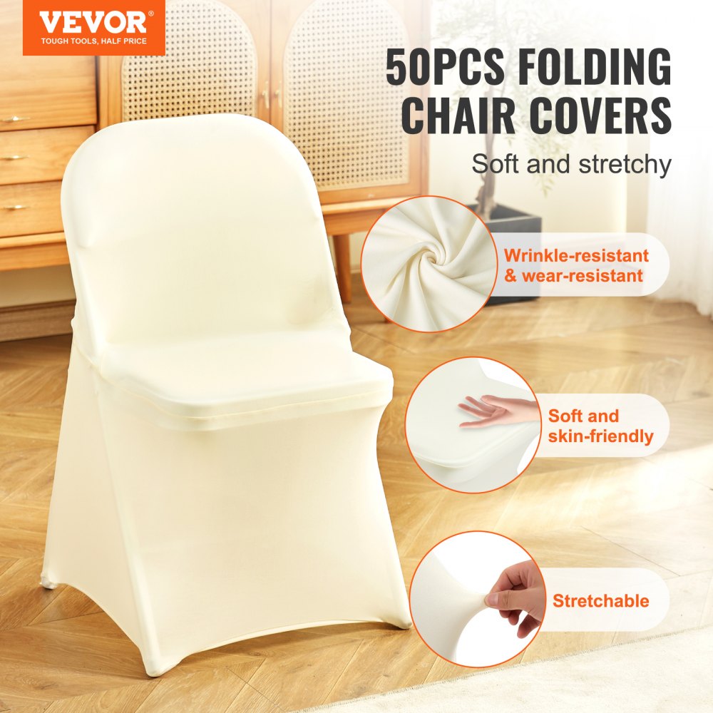 VEVOR Stretch Spandex Folding Chair Covers, Universal Fitted Chair Cover, Removable Washable Protective Slipcovers, for Wedding, Holiday, Banquet, Party, Celebration, Dining (50PCS Ivory White) 
