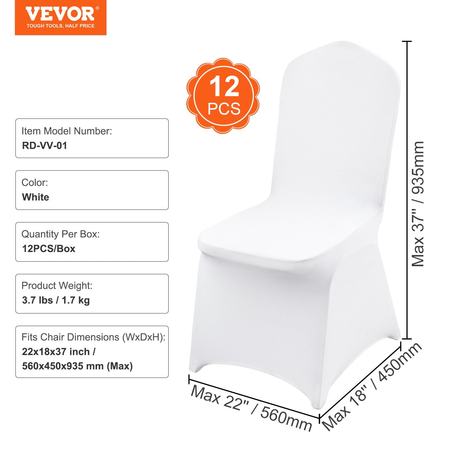 VEVOR Stretch Spandex Folding Chair Covers, Universal Fitted Chair Cover, Removable Washable Protective Slipcovers, for Wedding, Holiday, Banquet, Party, Celebration, Dining (12PCS White) 