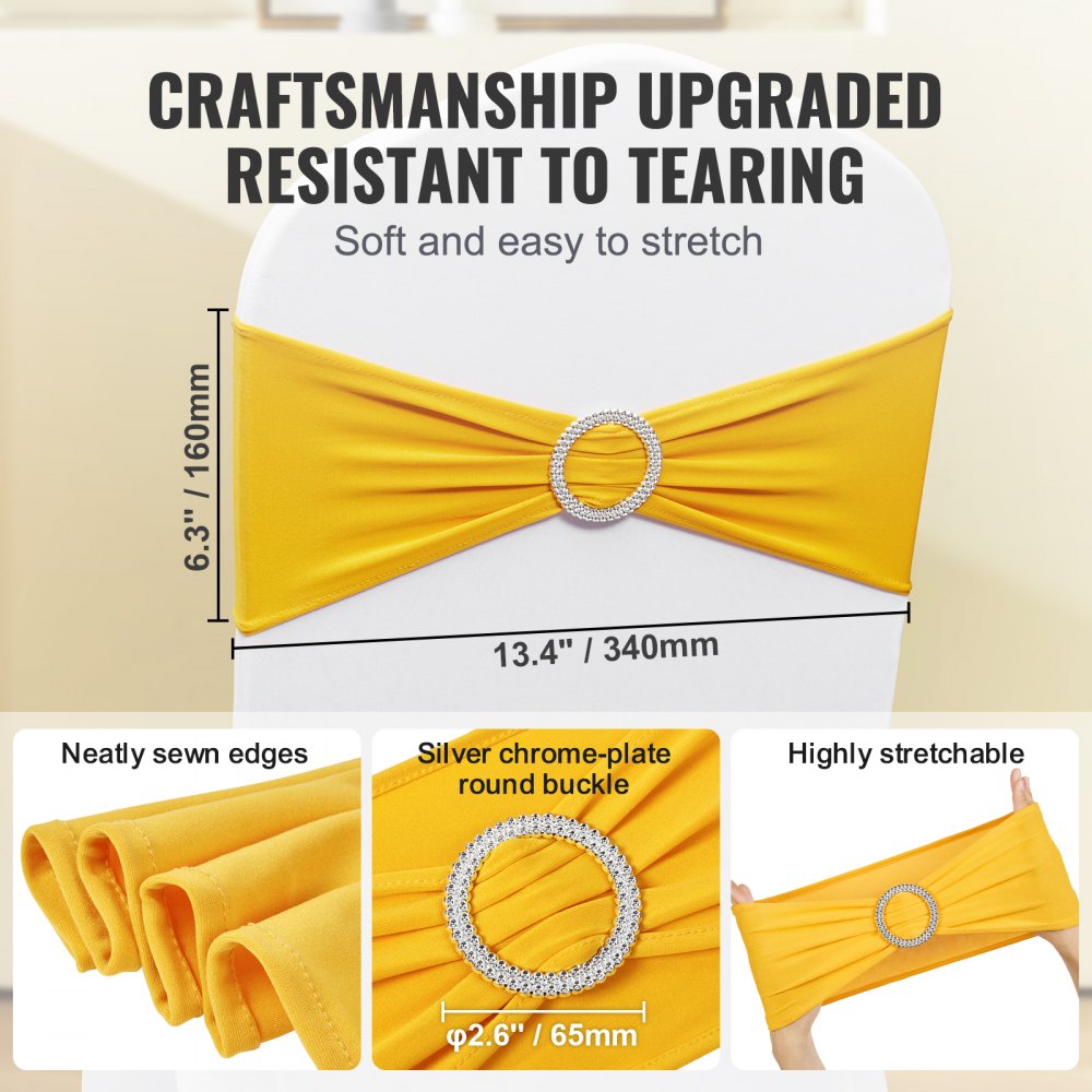 VEVOR Stretch Spandex Chair Sashes, Chair Slipcover and Stretch Chair Sash with Round Buckle, Elastic Chair Bands, Fitting Wedding, Holiday, Banquet, Party Chair Decoration (100 PCS Golden Yellow) 