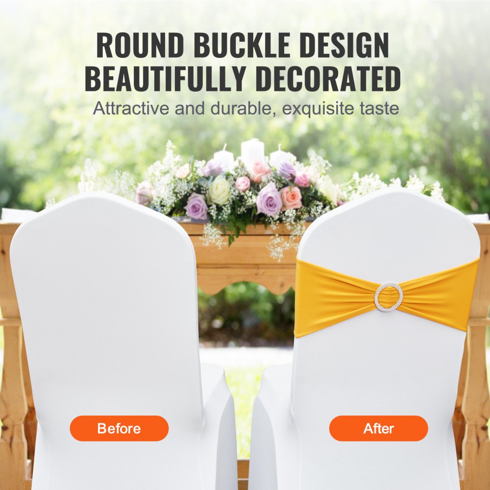 VEVOR Stretch Spandex Chair Sashes, Chair Slipcover and Stretch Chair Sash with Round Buckle, Elastic Chair Bands, Fitting Wedding, Holiday, Banquet, Party Chair Decoration (100 PCS Golden Yellow) 