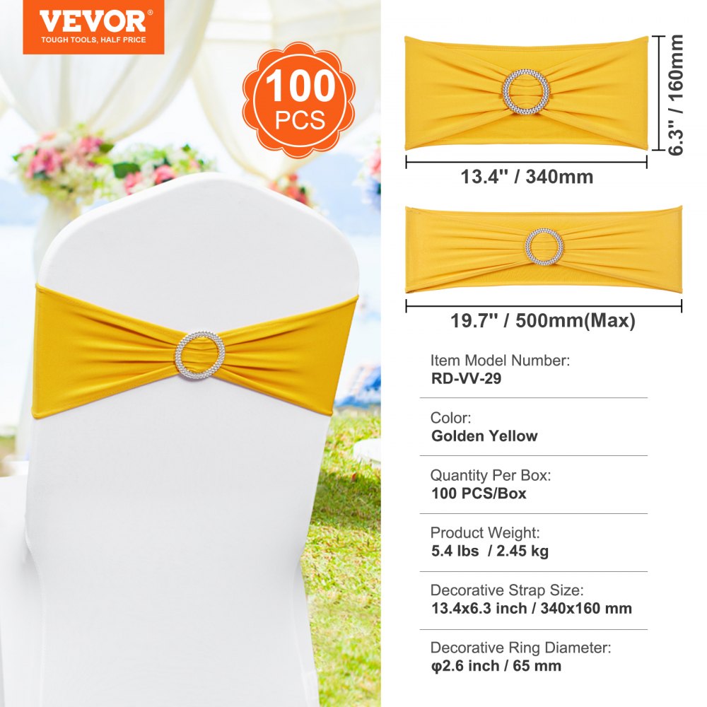 VEVOR Stretch Spandex Chair Sashes, Chair Slipcover and Stretch Chair Sash with Round Buckle, Elastic Chair Bands, Fitting Wedding, Holiday, Banquet, Party Chair Decoration (100 PCS Golden Yellow) 