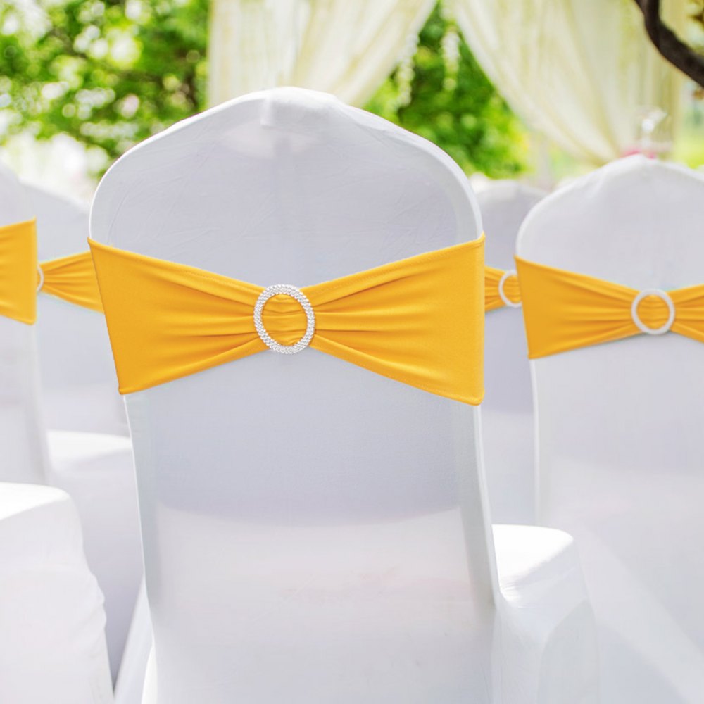 VEVOR Stretch Spandex Chair Sashes, Chair Slipcover and Stretch Chair Sash with Round Buckle, Elastic Chair Bands, Fitting Wedding, Holiday, Banquet, Party Chair Decoration (100 PCS Golden Yellow) 