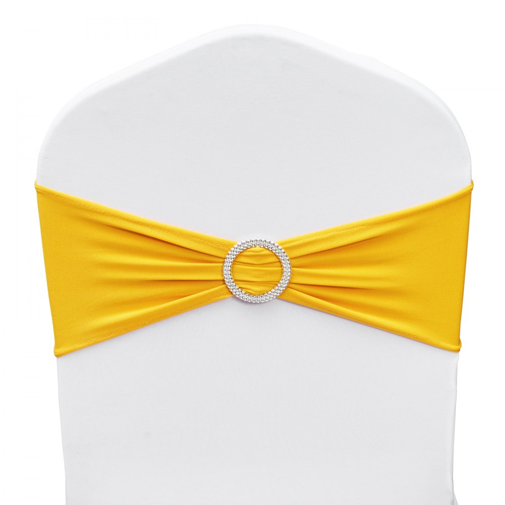 VEVOR Stretch Spandex Chair Sashes, Chair Slipcover and Stretch Chair Sash with Round Buckle, Elastic Chair Bands, Fitting Wedding, Holiday, Banquet, Party Chair Decoration (100 PCS Golden Yellow) 