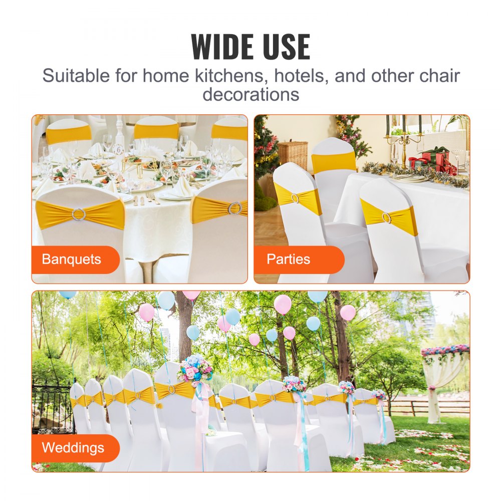 VEVOR Stretch Spandex Chair Sashes, Chair Slipcover and Stretch Chair Sash with Round Buckle, Elastic Chair Bands, Fitting Wedding, Holiday, Banquet, Party Chair Decoration (50 PCS Golden Yellow) 