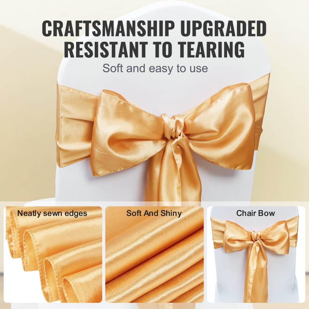 VEVOR Stretch Spandex Chair Sashes Bows, Chair Slipcover and Stretch Chair Sash, Elastic Chair Bands, Fitting Wedding, Holiday, Banquet, Party, Celebration Chair Decoration (50 PCS Gold) 