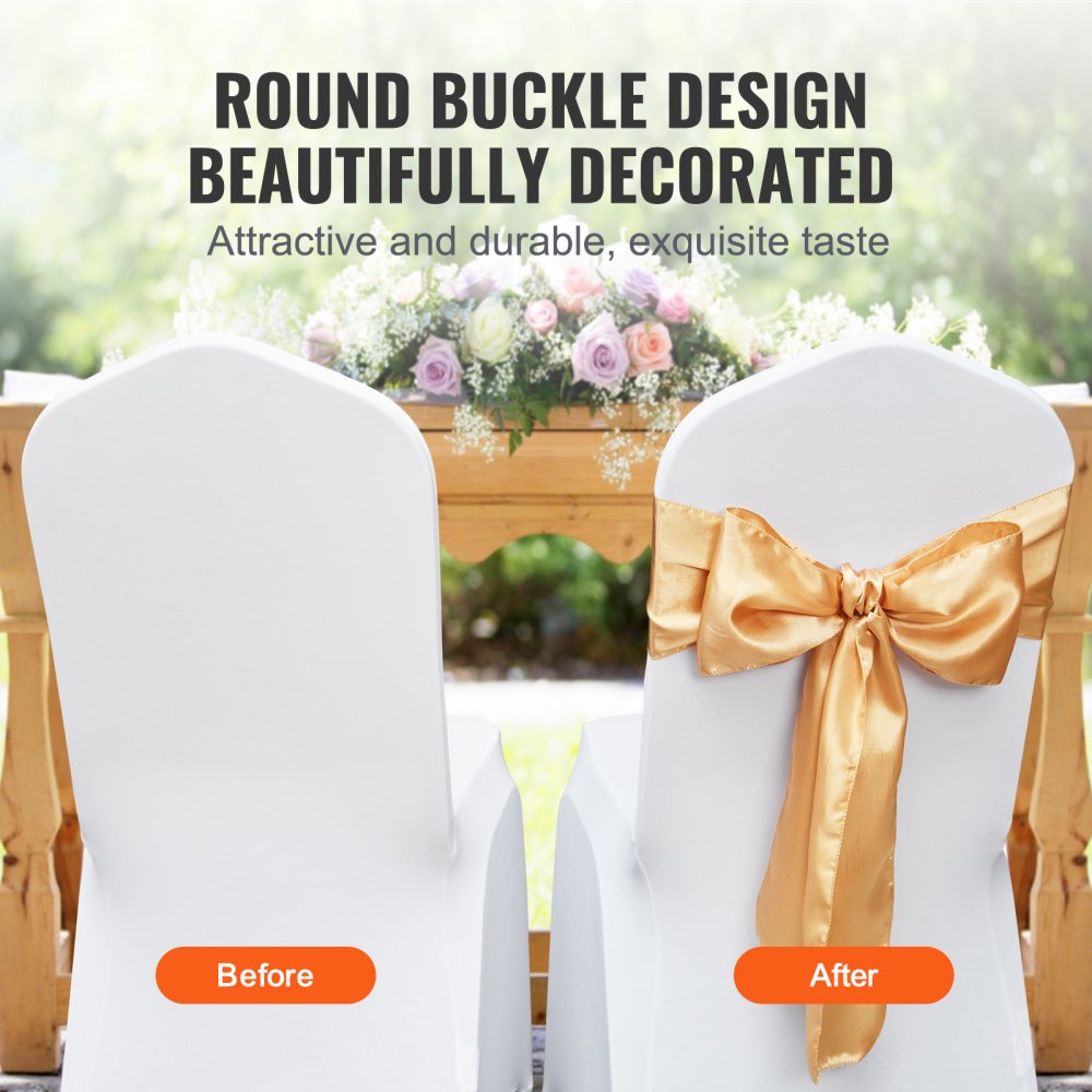 VEVOR Stretch Spandex Chair Sashes Bows, Chair Slipcover and Stretch Chair Sash, Elastic Chair Bands, Fitting Wedding, Holiday, Banquet, Party, Celebration Chair Decoration (50 PCS Gold) 