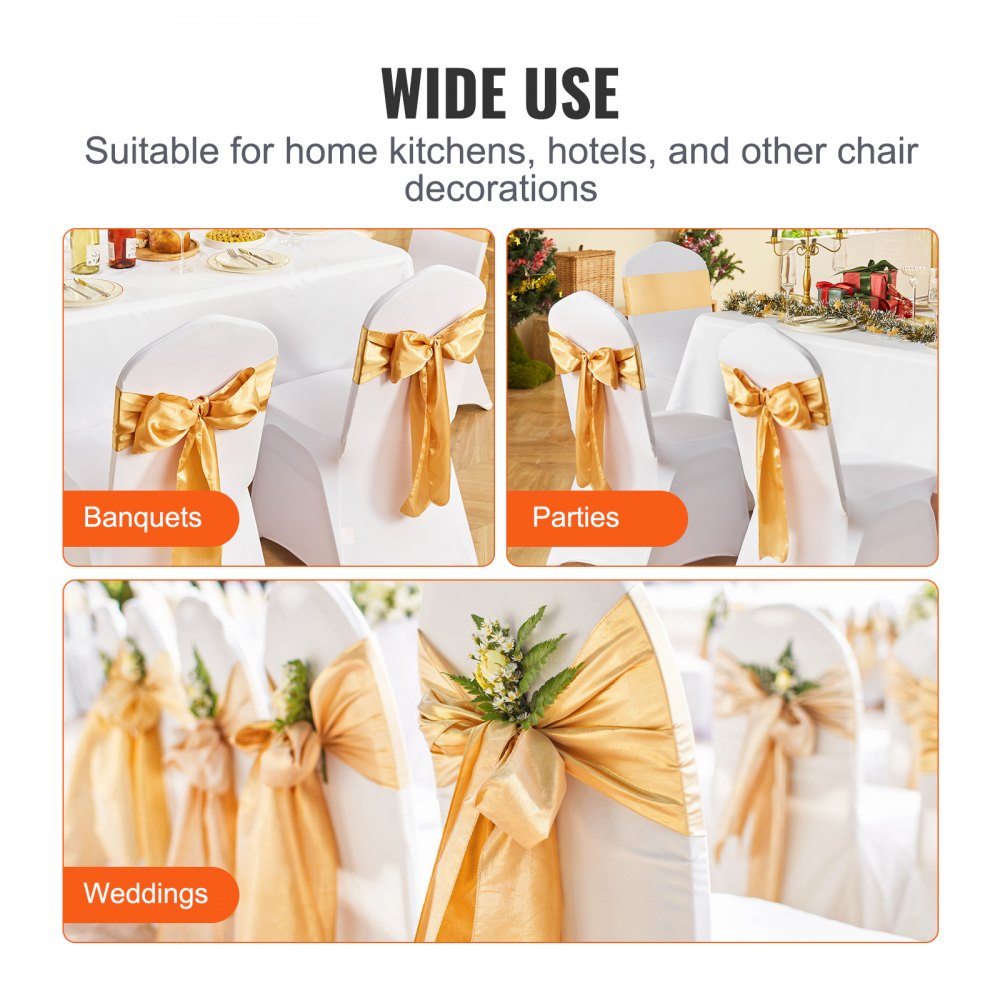 VEVOR Stretch Spandex Chair Sashes Bows, Chair Slipcover and Stretch Chair Sash, Elastic Chair Bands, Fitting Wedding, Holiday, Banquet, Party, Celebration Chair Decoration (50 PCS Gold) 