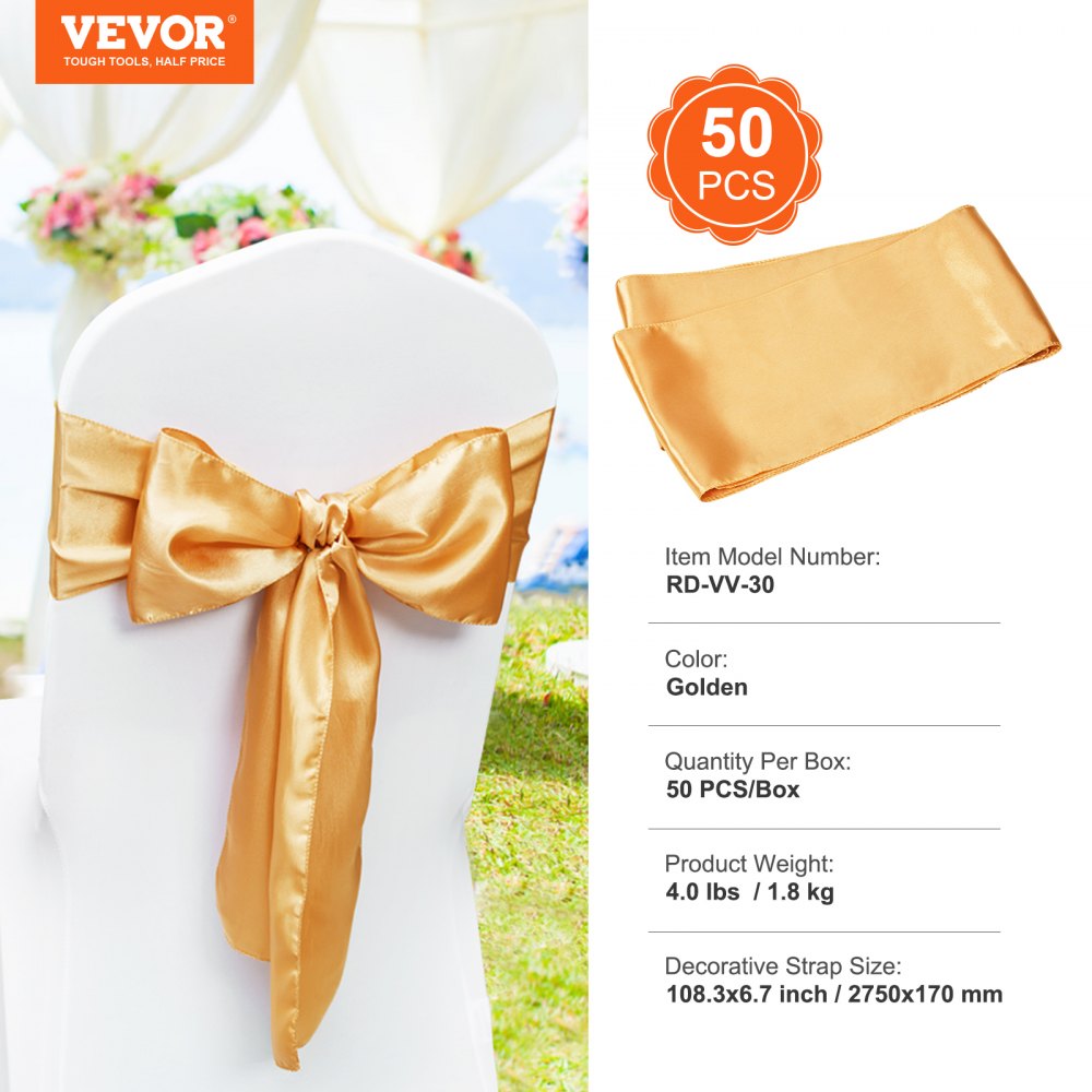 VEVOR Stretch Spandex Chair Sashes Bows, Chair Slipcover and Stretch Chair Sash, Elastic Chair Bands, Fitting Wedding, Holiday, Banquet, Party, Celebration Chair Decoration (50 PCS Gold) 