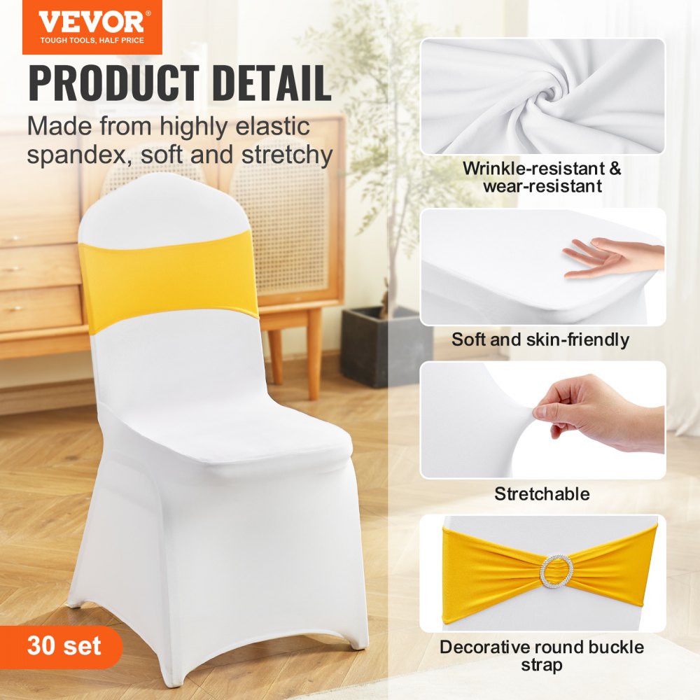VEVOR Stretch Spandex Folding Chair Covers, Universal Fitted Chair Cover with Chair Sashes, Removable Washable Protective Slipcovers, for Wedding, Holiday, Banquet, Party, Dining (30 Set Gold & White) 