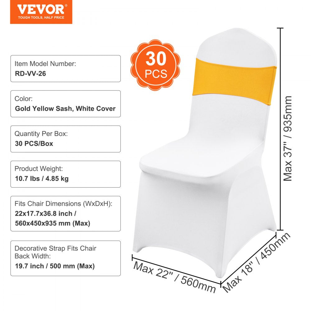 VEVOR Stretch Spandex Folding Chair Covers, Universal Fitted Chair Cover with Chair Sashes, Removable Washable Protective Slipcovers, for Wedding, Holiday, Banquet, Party, Dining (30 Set Gold & White) 