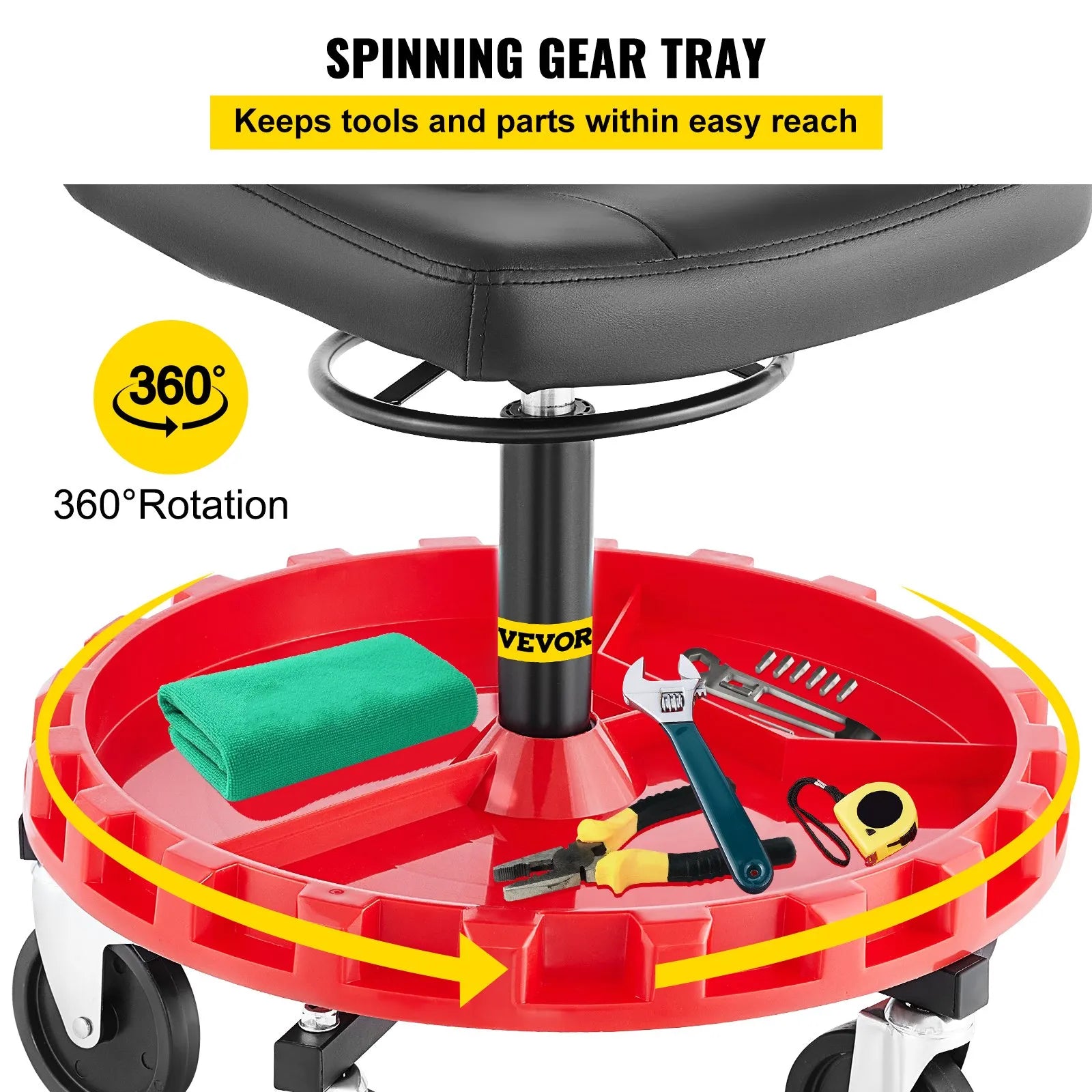 VEVOR Shop Stool, 400 LBS Rolling Garage Stool, 18” to 23” Adjustable Height Mobile Rolling Gear Seat, Round Tray Garage Pneumatic Stool, All-Terrain 5" Casters with Two Brakes Mechanic Seat