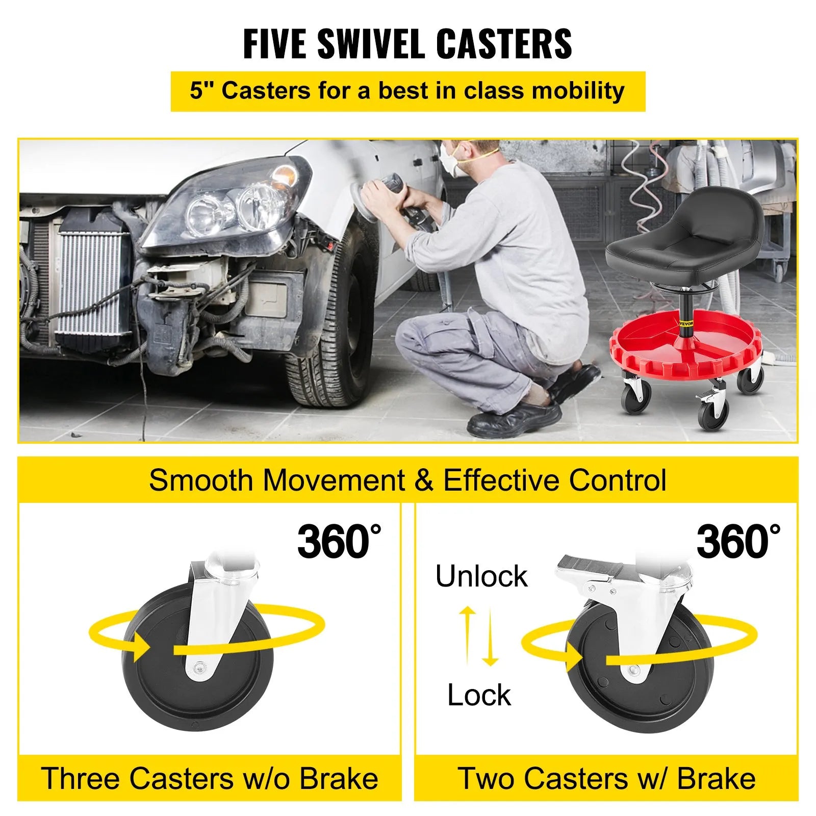 VEVOR Shop Stool, 400 LBS Rolling Garage Stool, 18” to 23” Adjustable Height Mobile Rolling Gear Seat, Round Tray Garage Pneumatic Stool, All-Terrain 5" Casters with Two Brakes Mechanic Seat