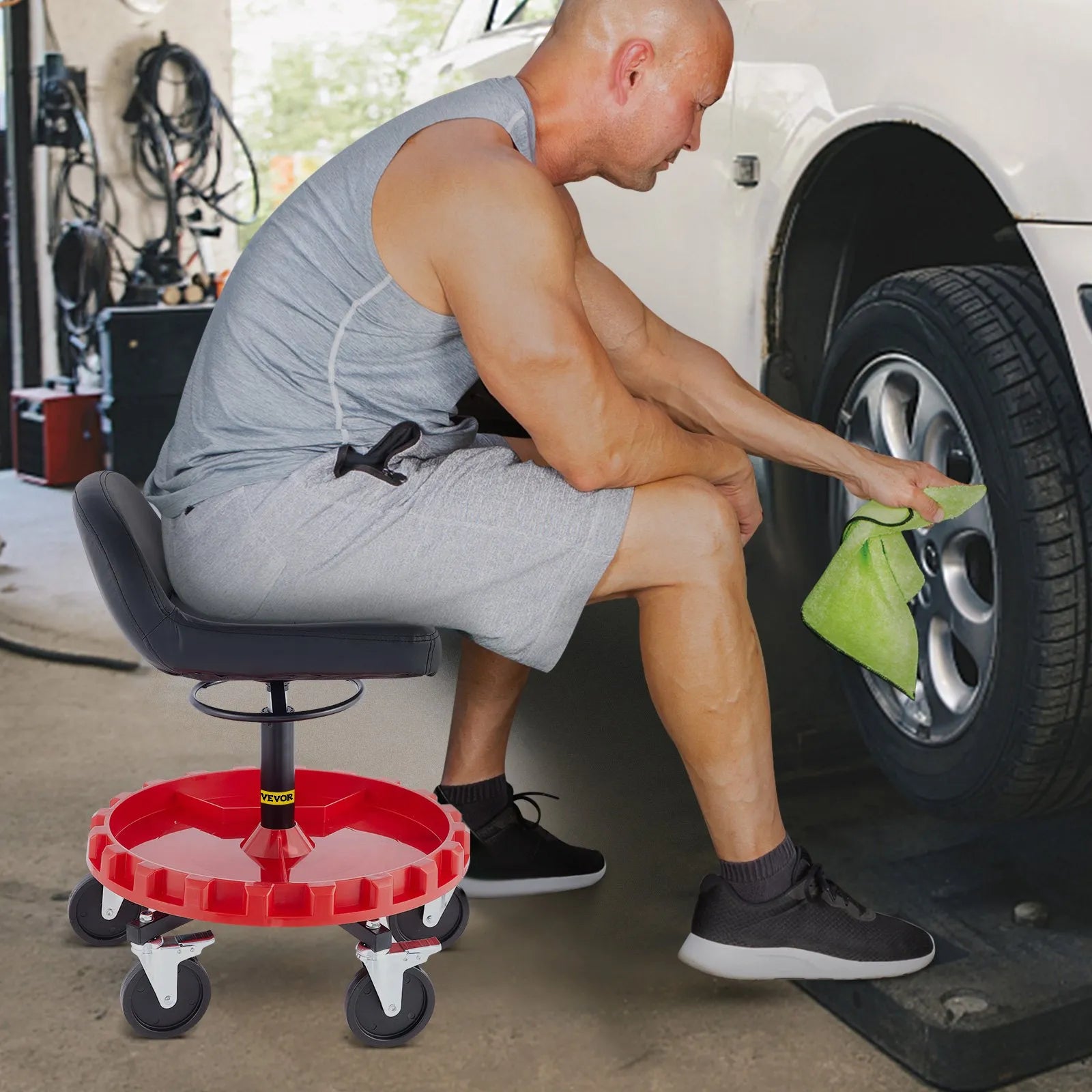 VEVOR Shop Stool, 400 LBS Rolling Garage Stool, 18” to 23” Adjustable Height Mobile Rolling Gear Seat, Round Tray Garage Pneumatic Stool, All-Terrain 5" Casters with Two Brakes Mechanic Seat