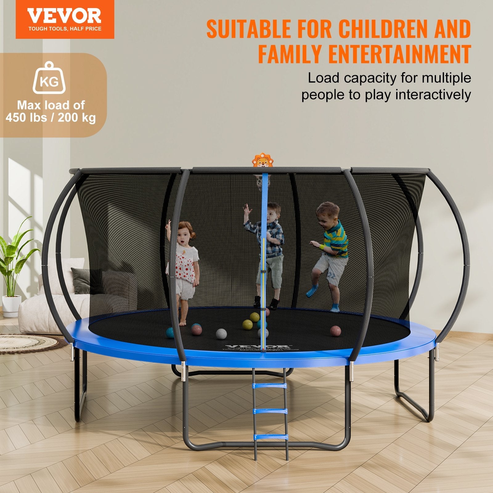 VEVOR 14FT Trampoline, 450 lbs Trampoline with Enclosure Net, Ladder, and Curved Pole, Heavy Duty Trampoline with Jumping Mat and Spring Cover Padding, Outdoor Recreational Trampolines 