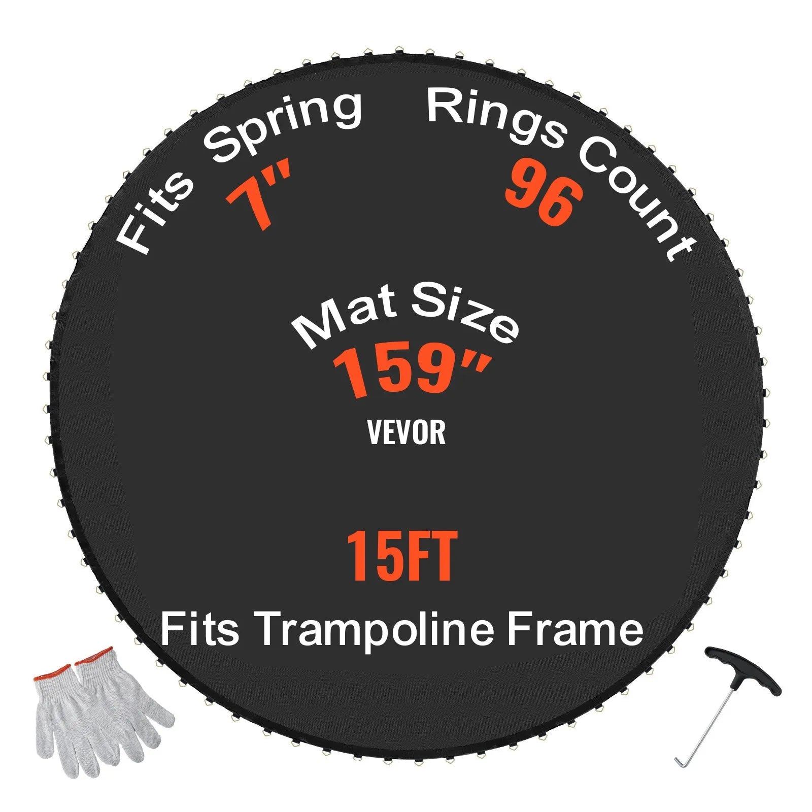 VEVOR Replacement Trampoline Mat Fits 15ft Frame 96 V-Rings 7" Spring Length