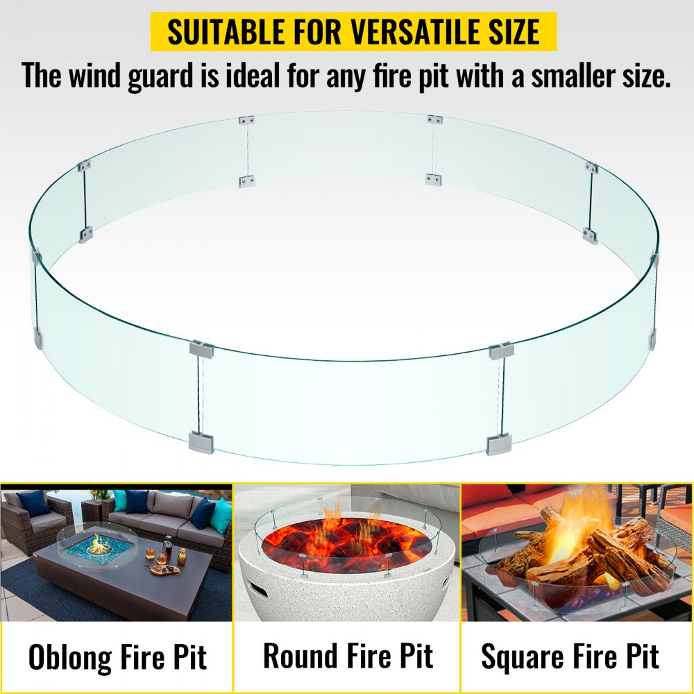 VEVOR Fire Pit Wind Guard, 59 x 59 x 7.9 inches Glass Flame Guard, Round Glass Shield, 1/4-Inch Thick Fire Table, Clear Tempered Glass Flame Guard, Steady Feet Tree Pit Guard for Propane, Gas, Outdoor 