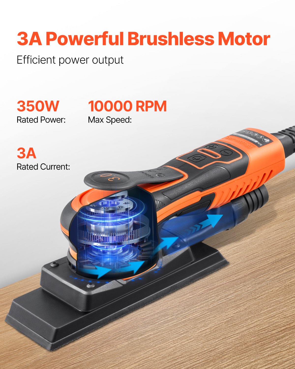 VEVOR 3/8 Sheet Sander 350W 6 Speeds Brushless Finishing Sander for Woodworking 