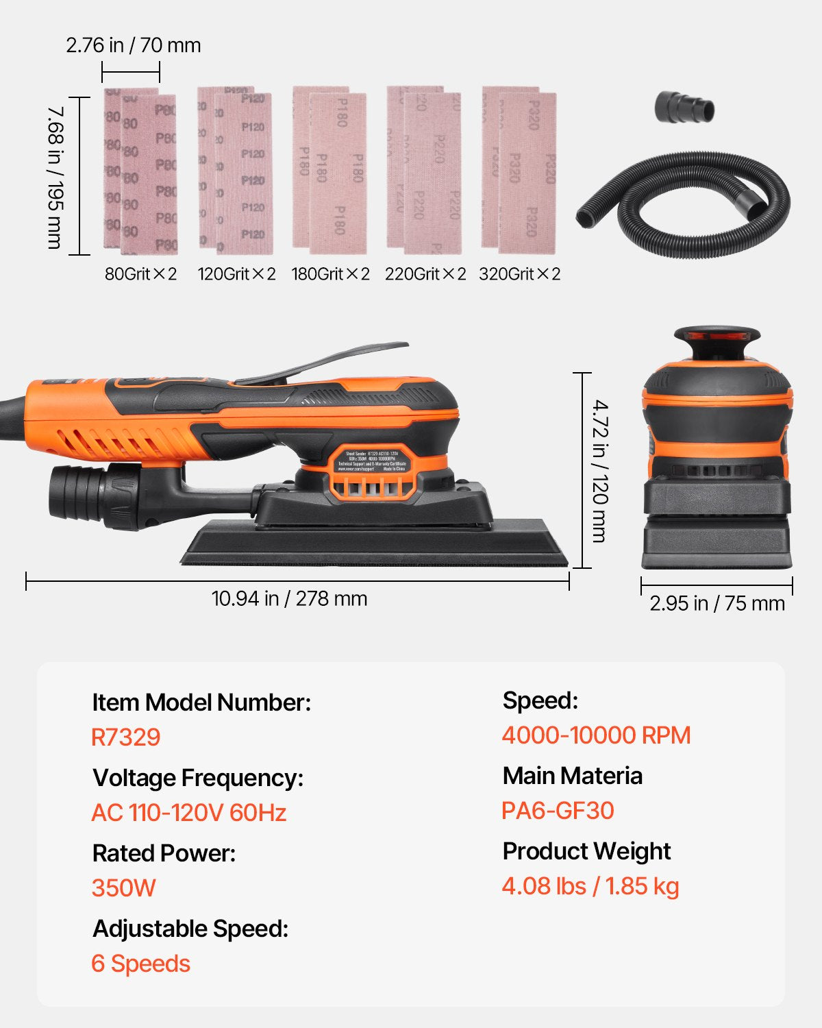VEVOR 3/8 Sheet Sander 350W 6 Speeds Brushless Finishing Sander for Woodworking 