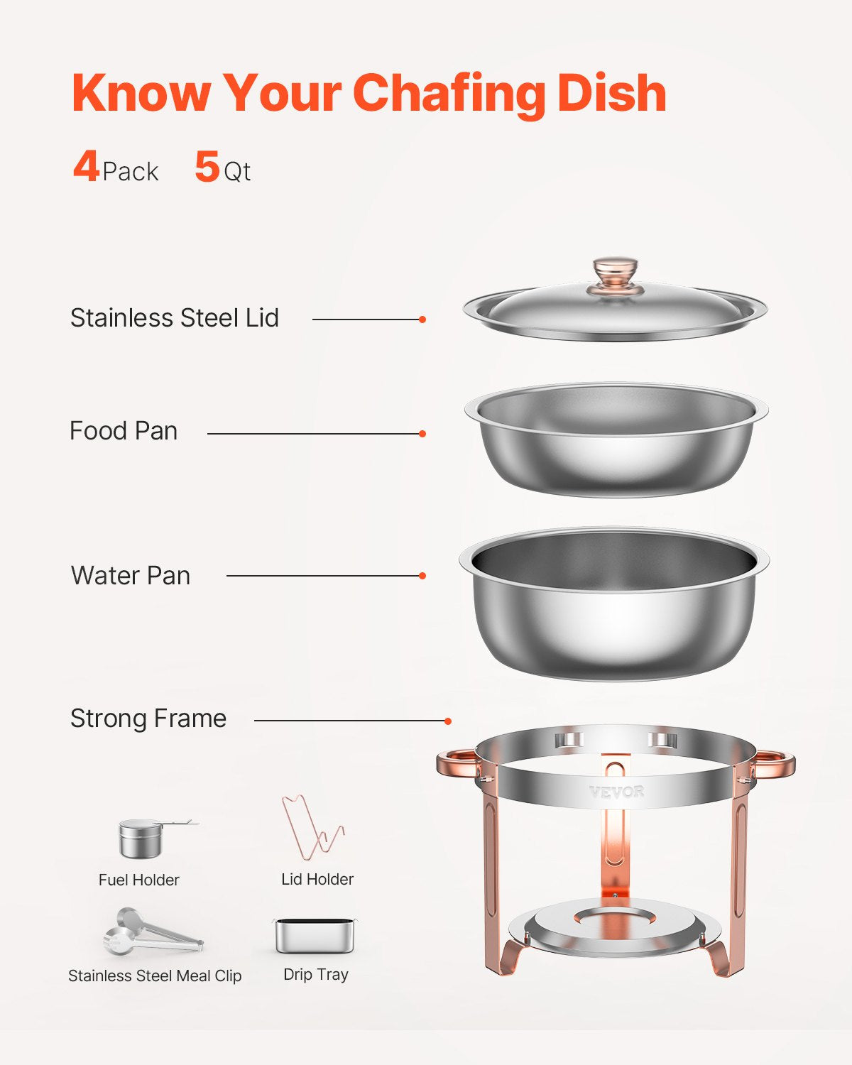 VEVOR 5 Qt 4 Pack Round Chafing Dish Buffet Set Full-Size Pan Stainless Steel 