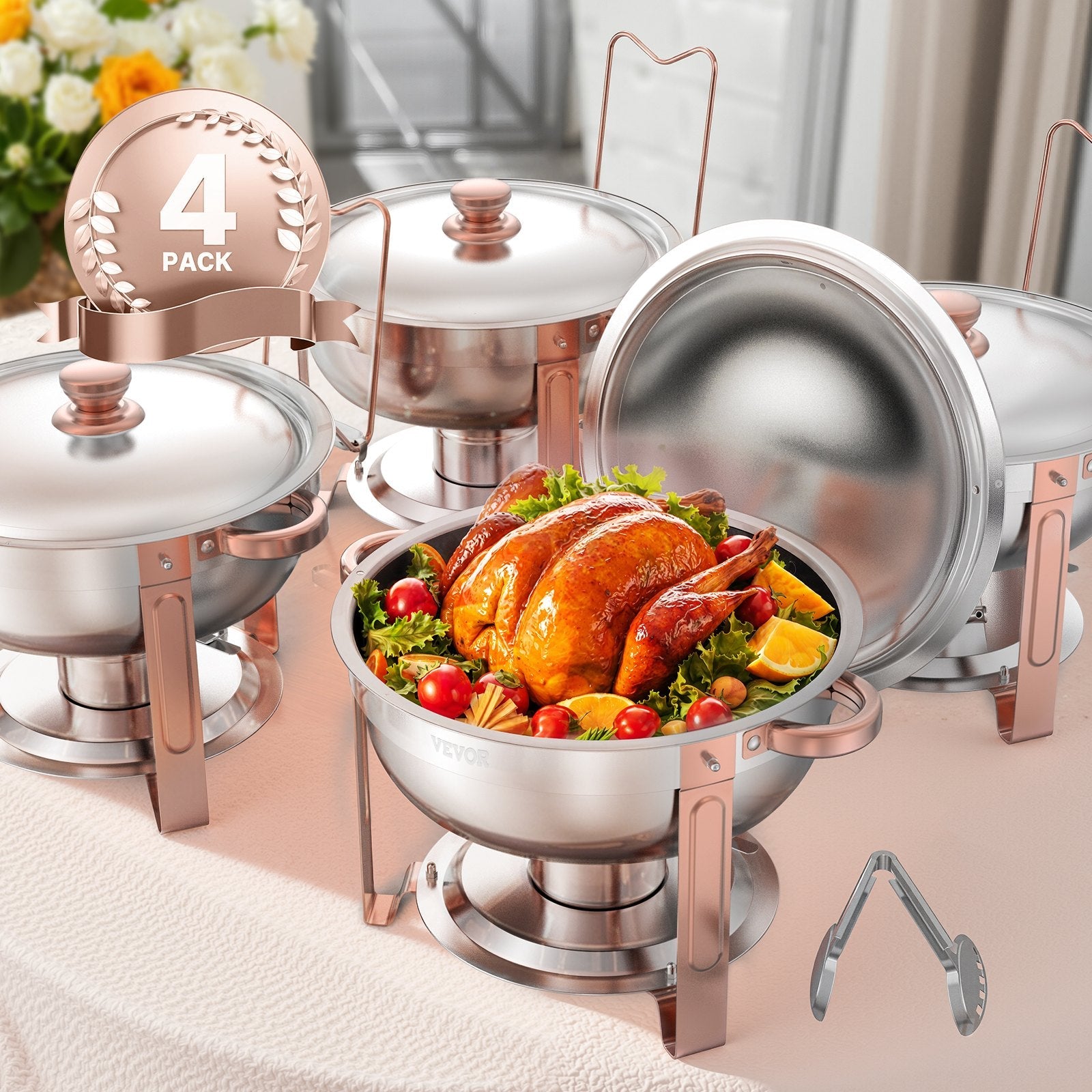 VEVOR 5 Qt 4 Pack Round Chafing Dish Buffet Set Full-Size Pan Stainless Steel 