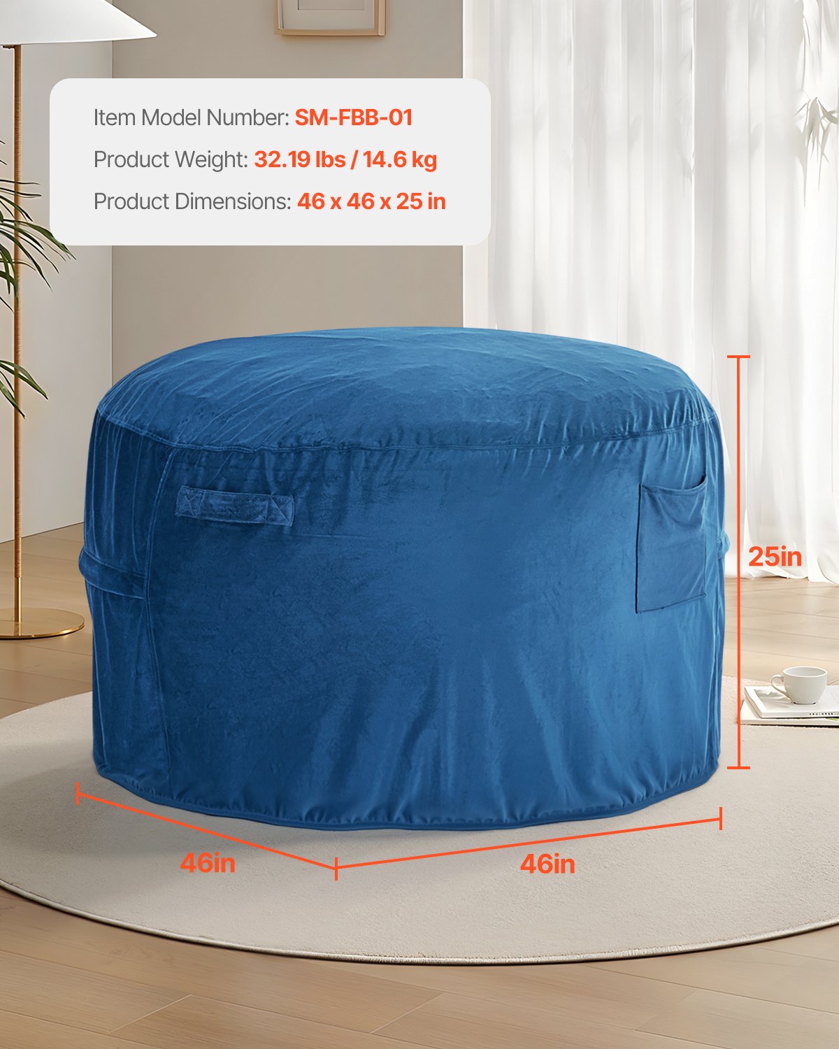 VEVOR Round Bean Bag Chair with Removable and Washable Cover for Adults Blue 