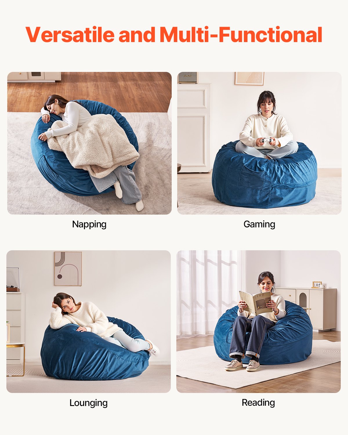 VEVOR Round Bean Bag Chair with Removable and Washable Cover for Adults Blue 