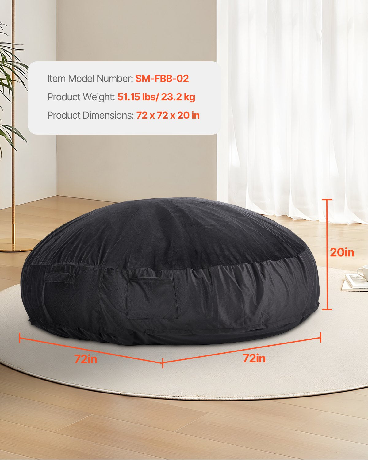 VEVOR Round Bean Bag Chair with Removable & Washable Cover for Adult Giant Black 