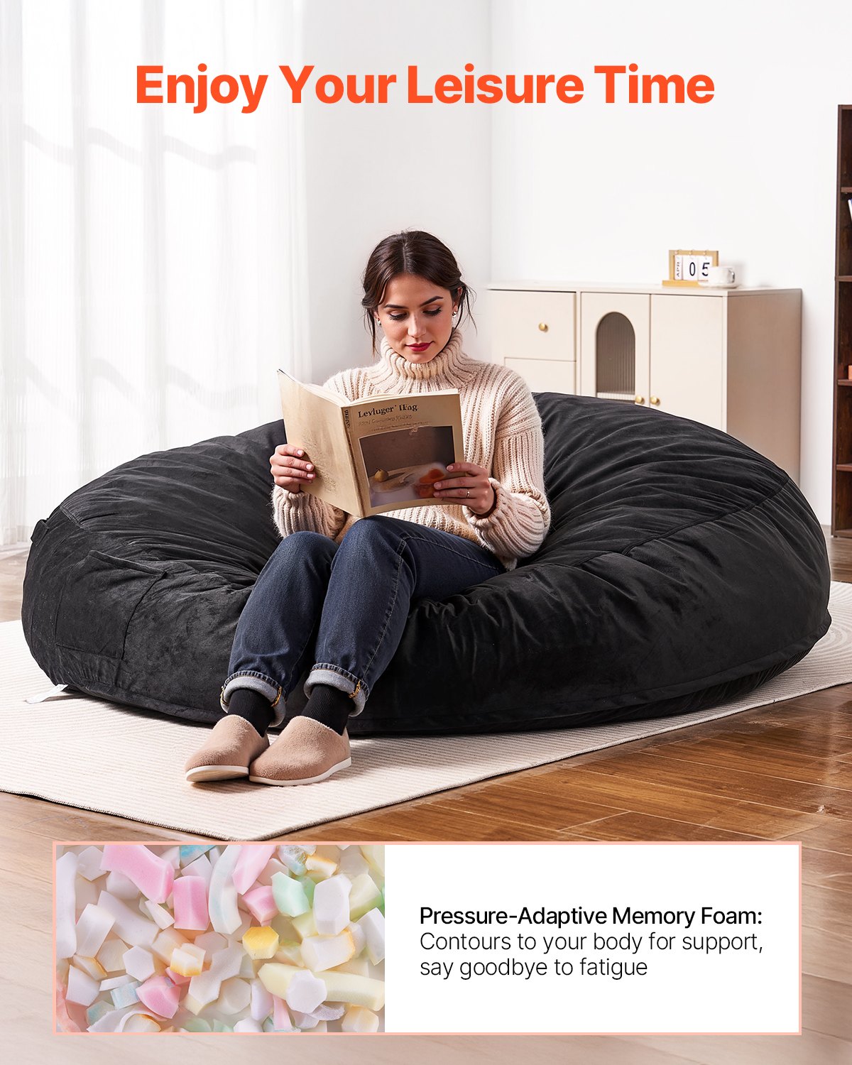 VEVOR Round Bean Bag Chair with Removable & Washable Cover for Adult Giant Black 