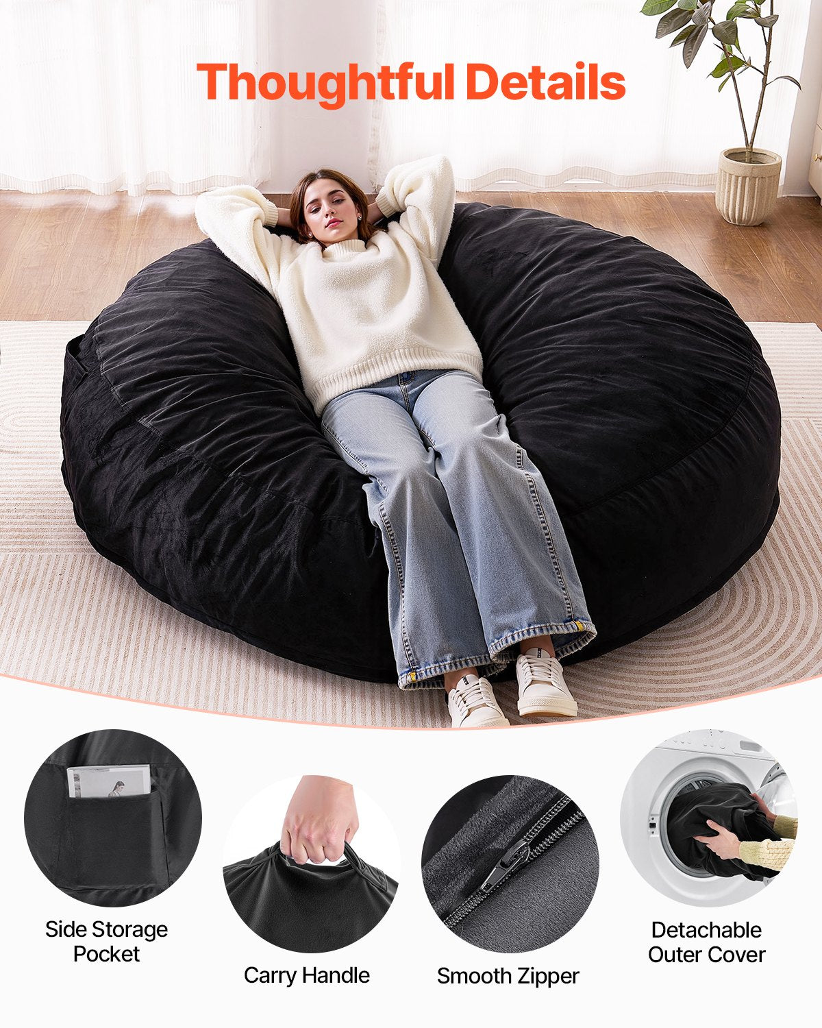 VEVOR Round Bean Bag Chair with Removable & Washable Cover for Adult Giant Black 